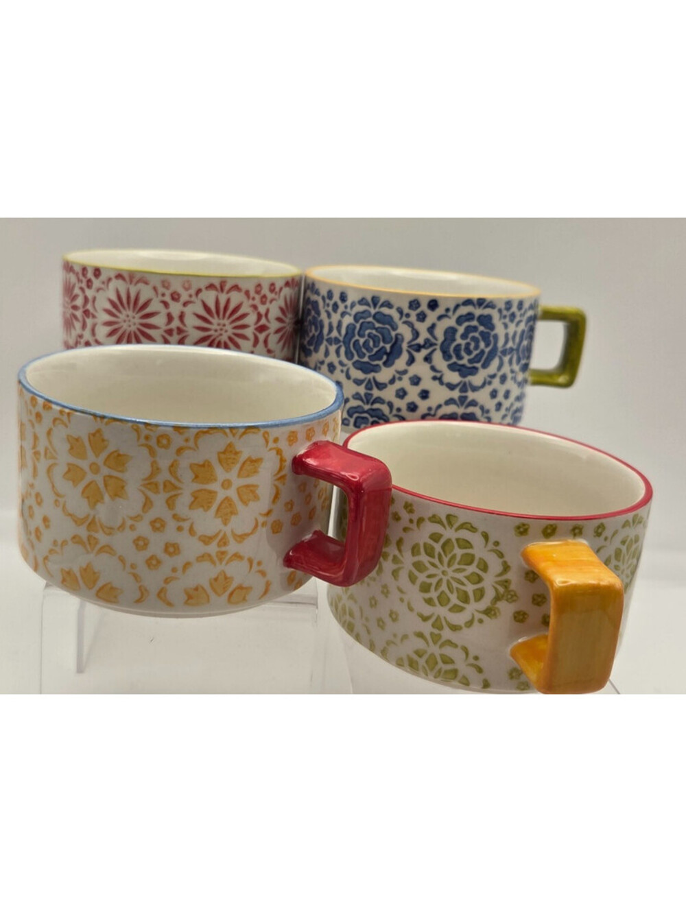Pier 1 Imports Hand Painted Stoneware Mug Set 4 Floral Pattern Soup Coffee Cups